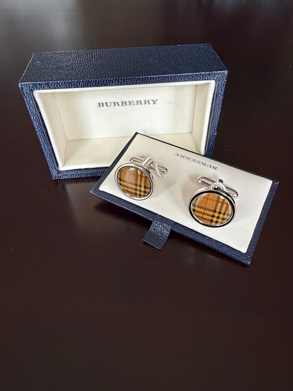 Burberry Silver-Tone Cufflinks with Signature Tan Plaid Tartan Inset